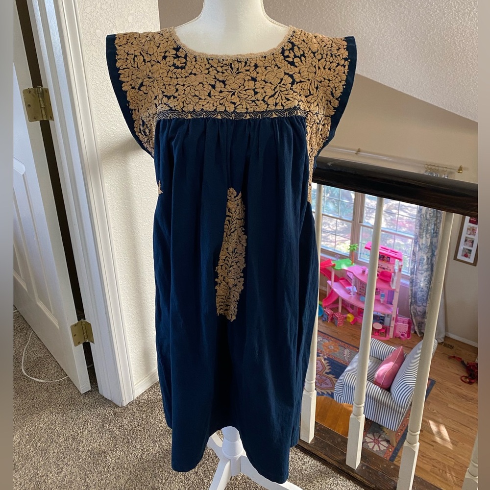 Mi Golondrina Blue Dress with Gold Embroidery